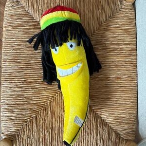 Yellow Banana Plush Toy with Rasta Hat and Black Yarn Hair
